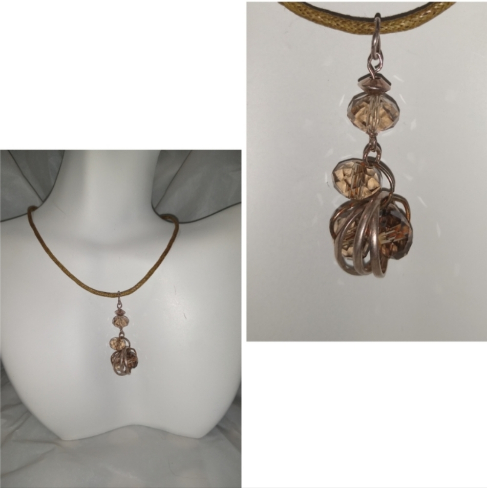 Hand Crafted Beaded Cluster Necklace Unique Casual Bohemian Neutral Silver Brown